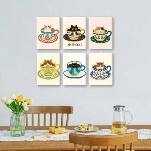 6 Mini Paintings - Cats in Coffee Cups Set