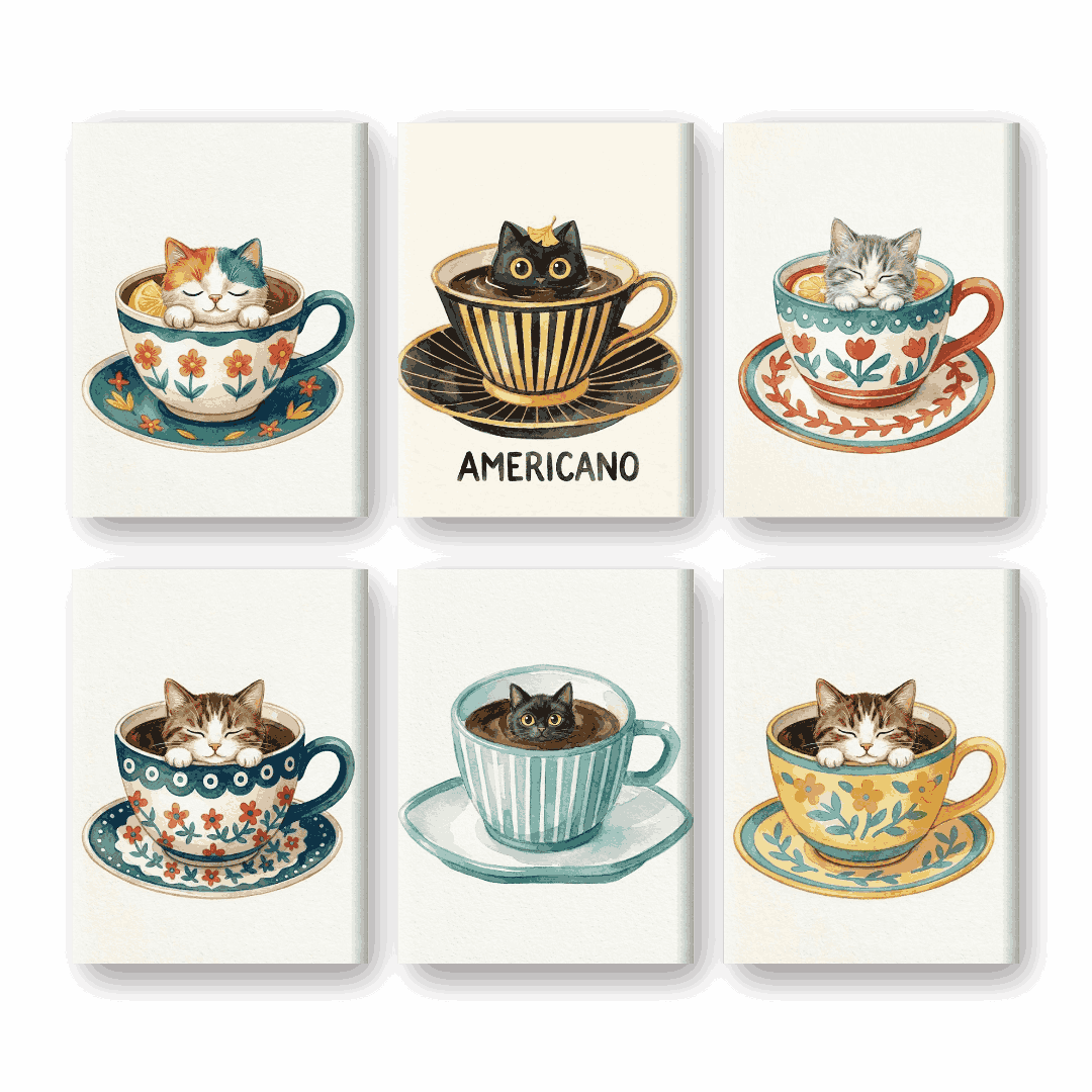 6 Mini Paintings - Cats in Cups Set