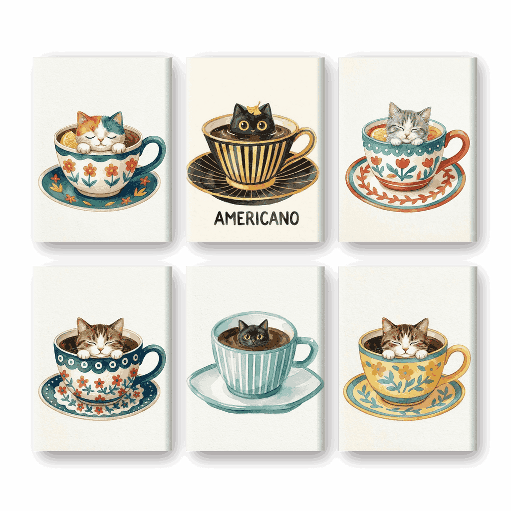 6 Mini Paintings - Cats in Cups Set