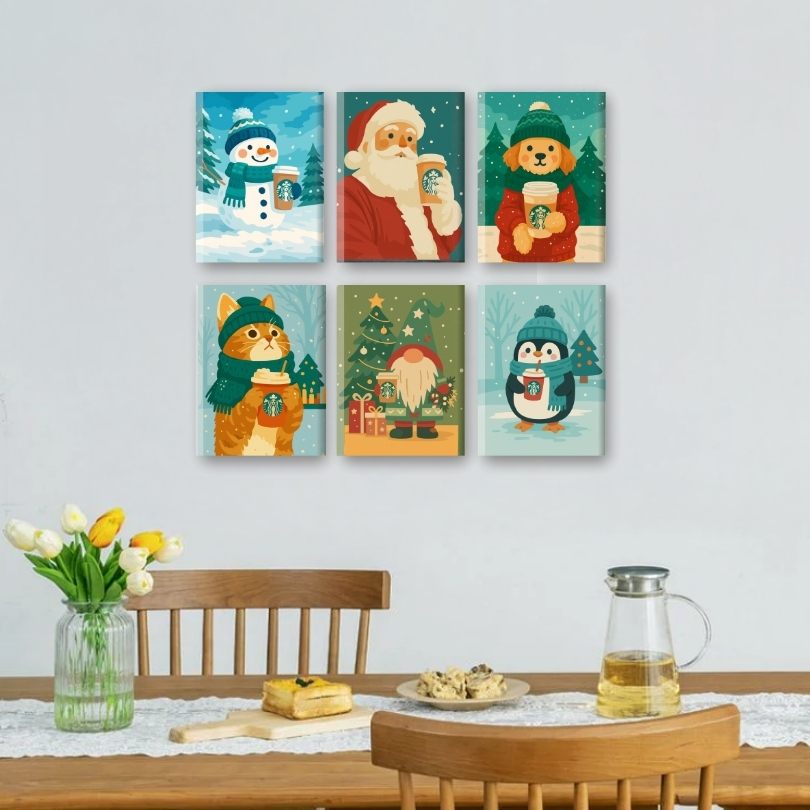 6 Mini Paintings - Christmas Coffee Friends Set