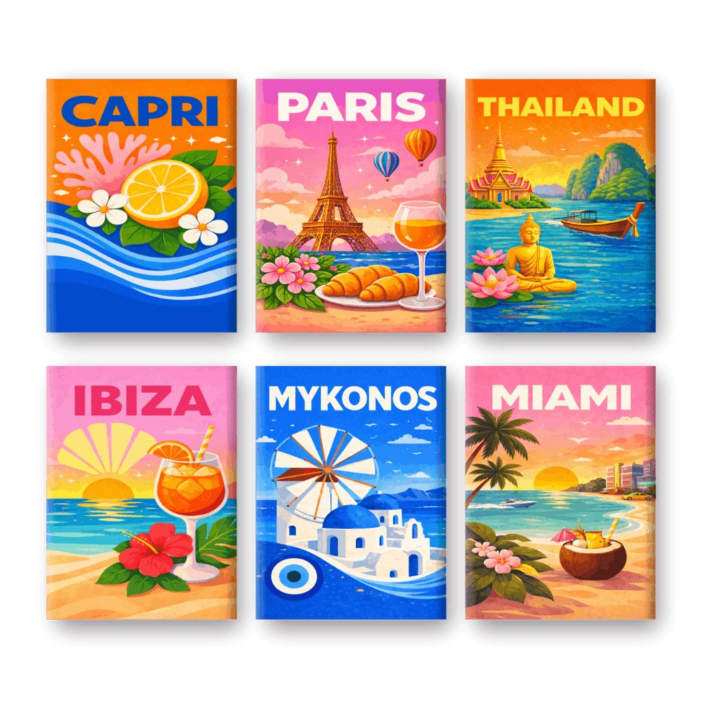 6 Mini Paintings - Colorful Travel Posters Set