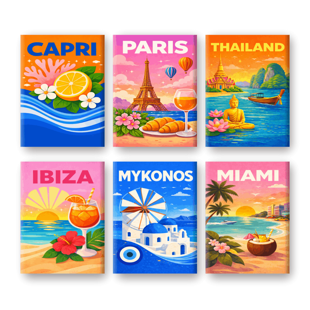 6 Mini Paintings - Colorful Travel Posters Set