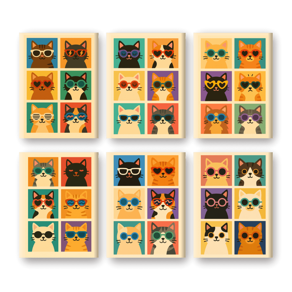 6 Mini Paintings - Cool Colorful Cats Set