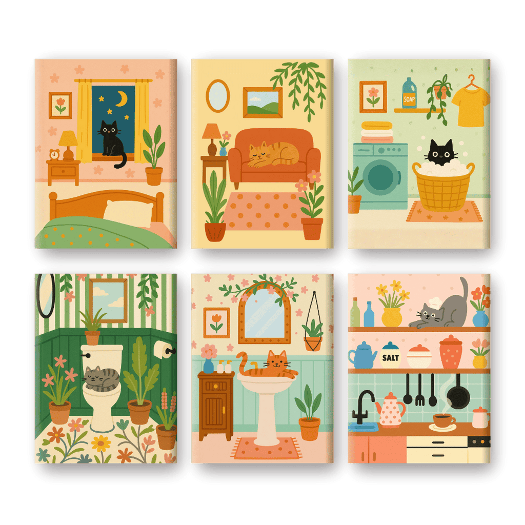 6 Mini Paintings - Cute Cat Set