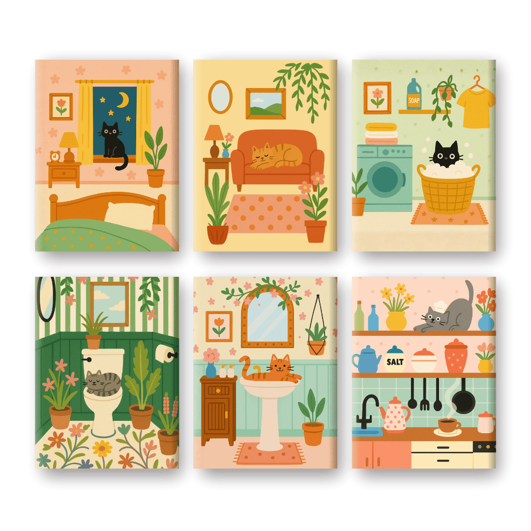 6 Mini Paintings - Cute Cat Set