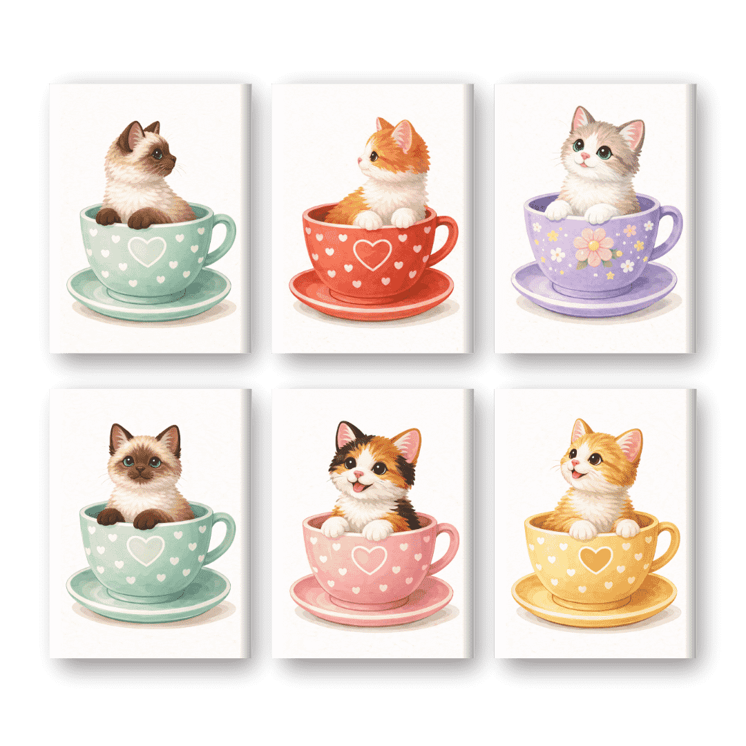 6 Mini Paintings - Cute Cats in Cups Set
