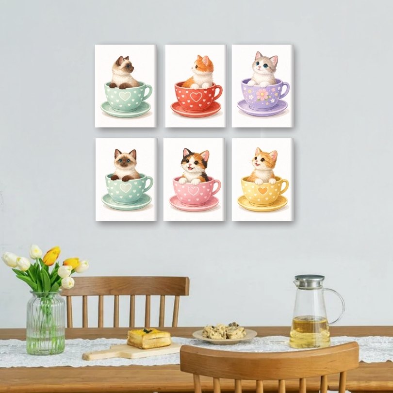 6 Mini Paintings - Cute Cats in Cups Set