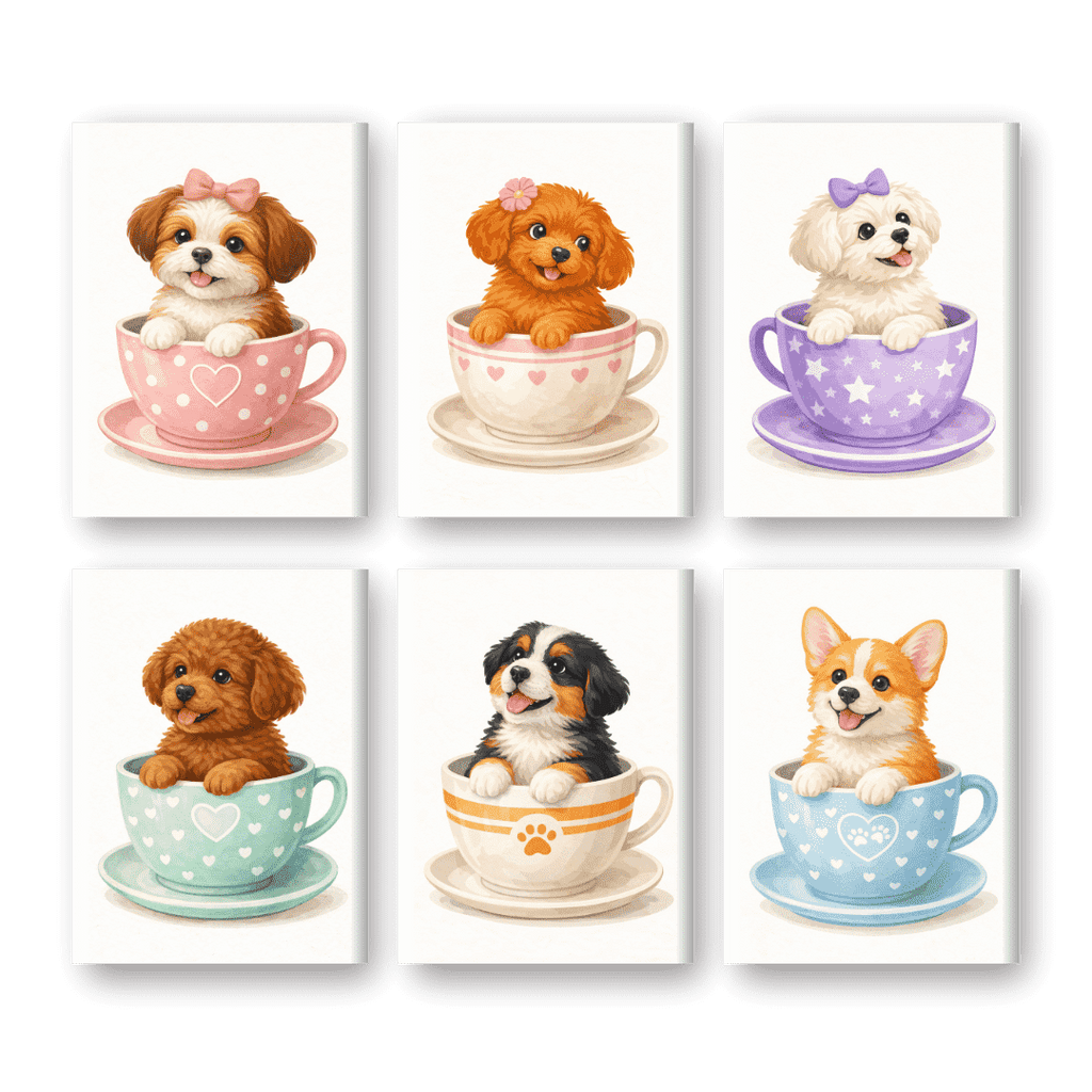 6 Mini Paintings - Cute Dogs in Cups Set