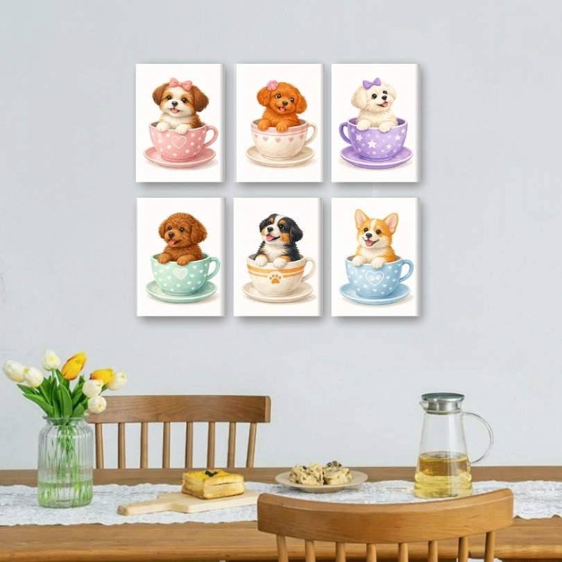 6 Mini Paintings - Cute Dogs in Cups Set