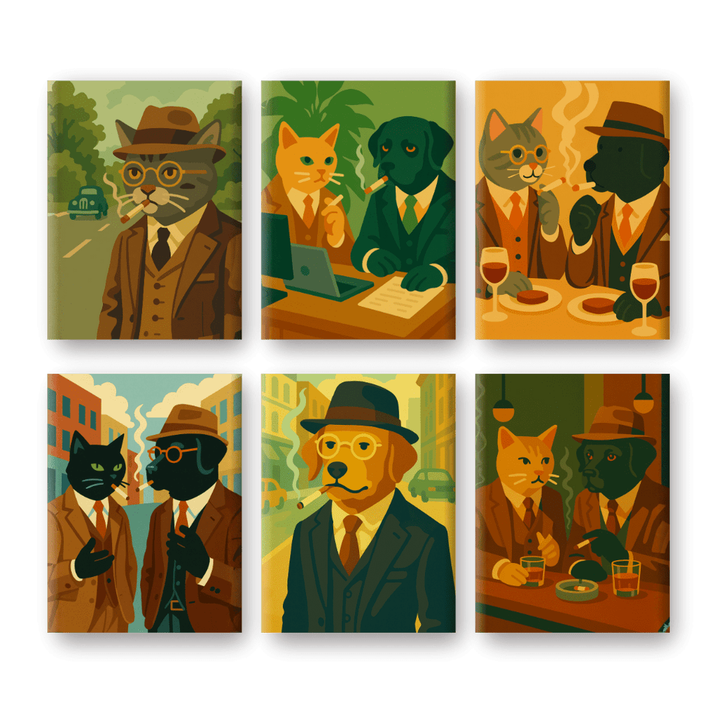6 Mini Paintings | Detective Cat & Dog Set