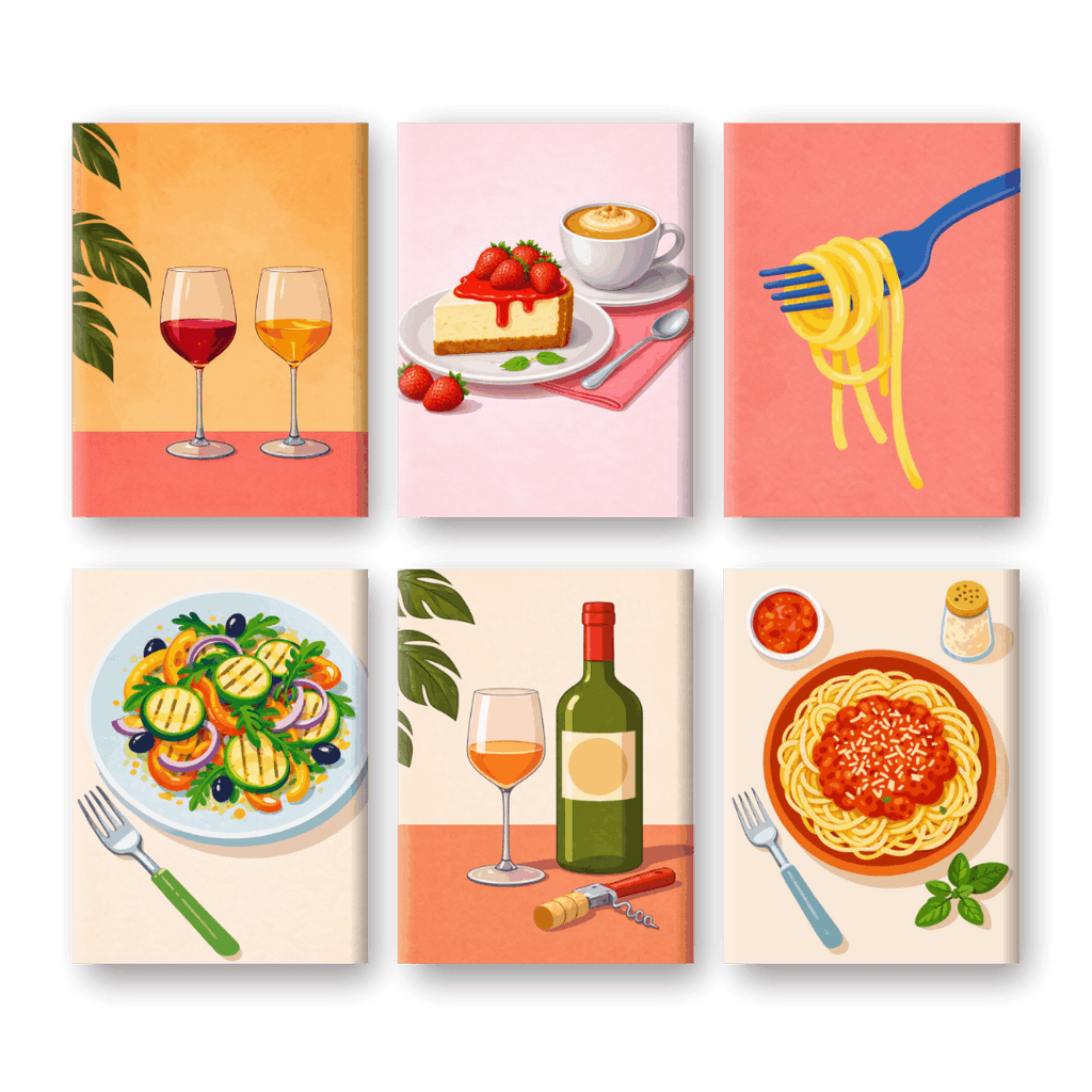 6 Mini Paintings - Dinner & Wine Set