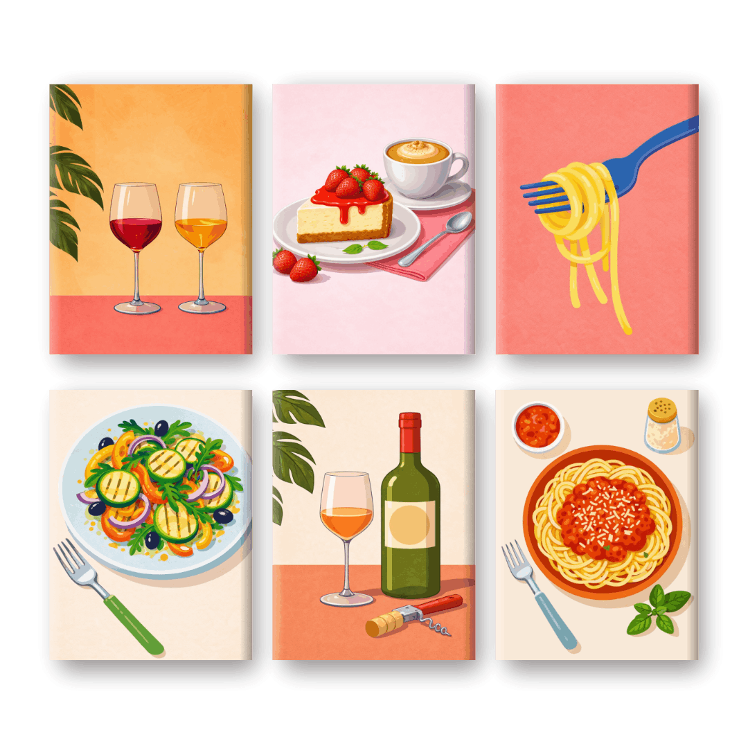 6 Mini Paintings - Dinner & Wine Set