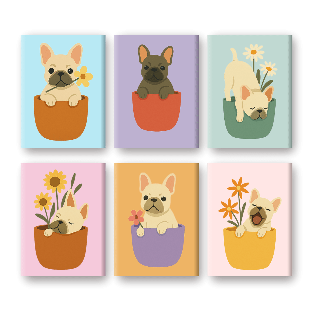 6 Mini Paintings -  Dogs & Flowers Set
