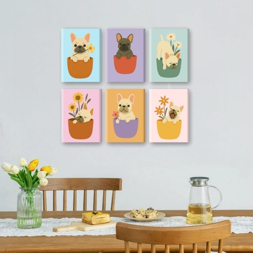 6 Mini Paintings -  Dogs & Flowers Set