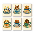 6 Mini Paintings - Dogs in Coffee Cups Set