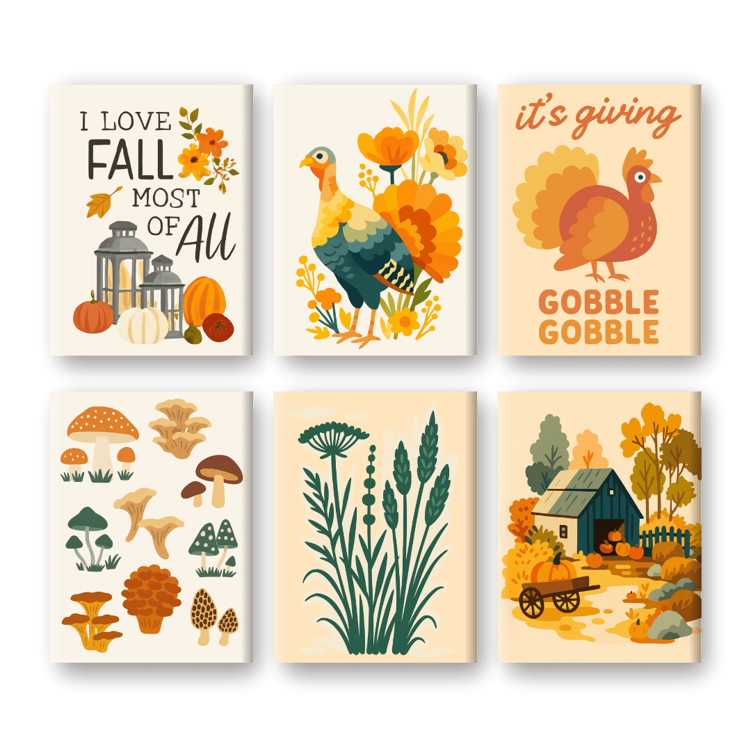 6 Mini Paintings - Autumn & Turkeys Set