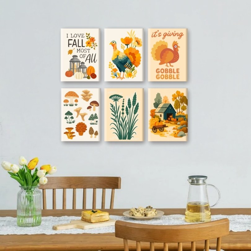 6 Mini Paintings - Autumn & Turkeys Set