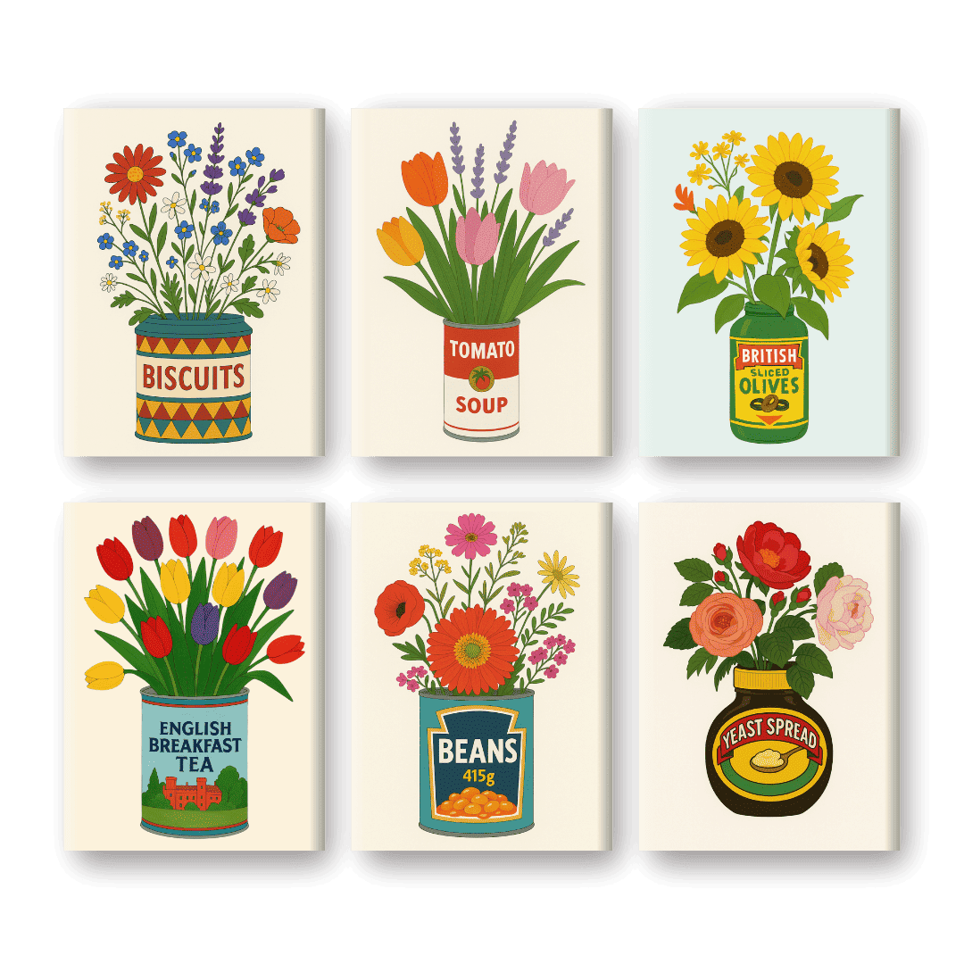6 Mini Paintings - Flowers in Cans Set