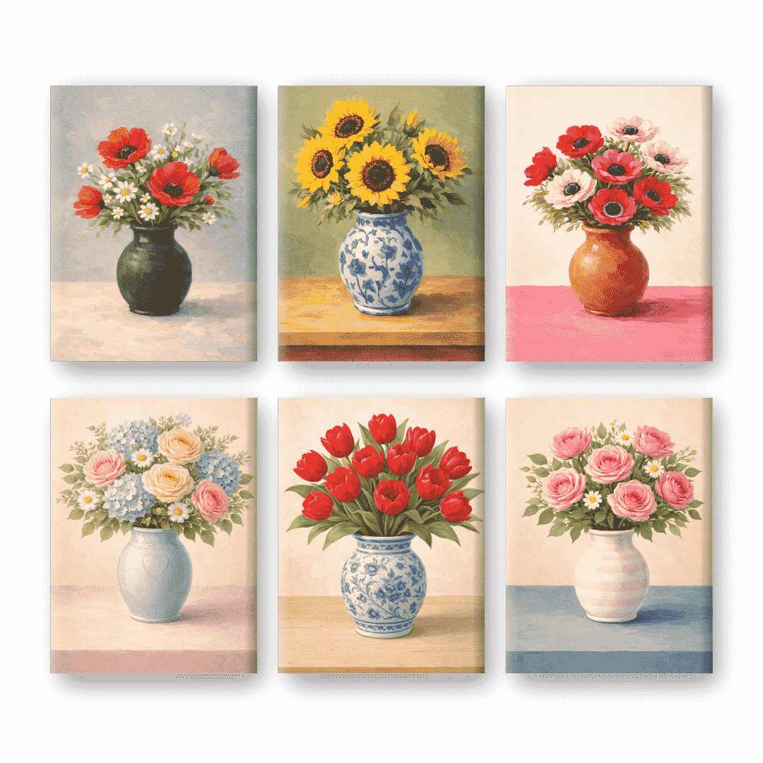 6 Mini Paintings - Flowers in Vases Set