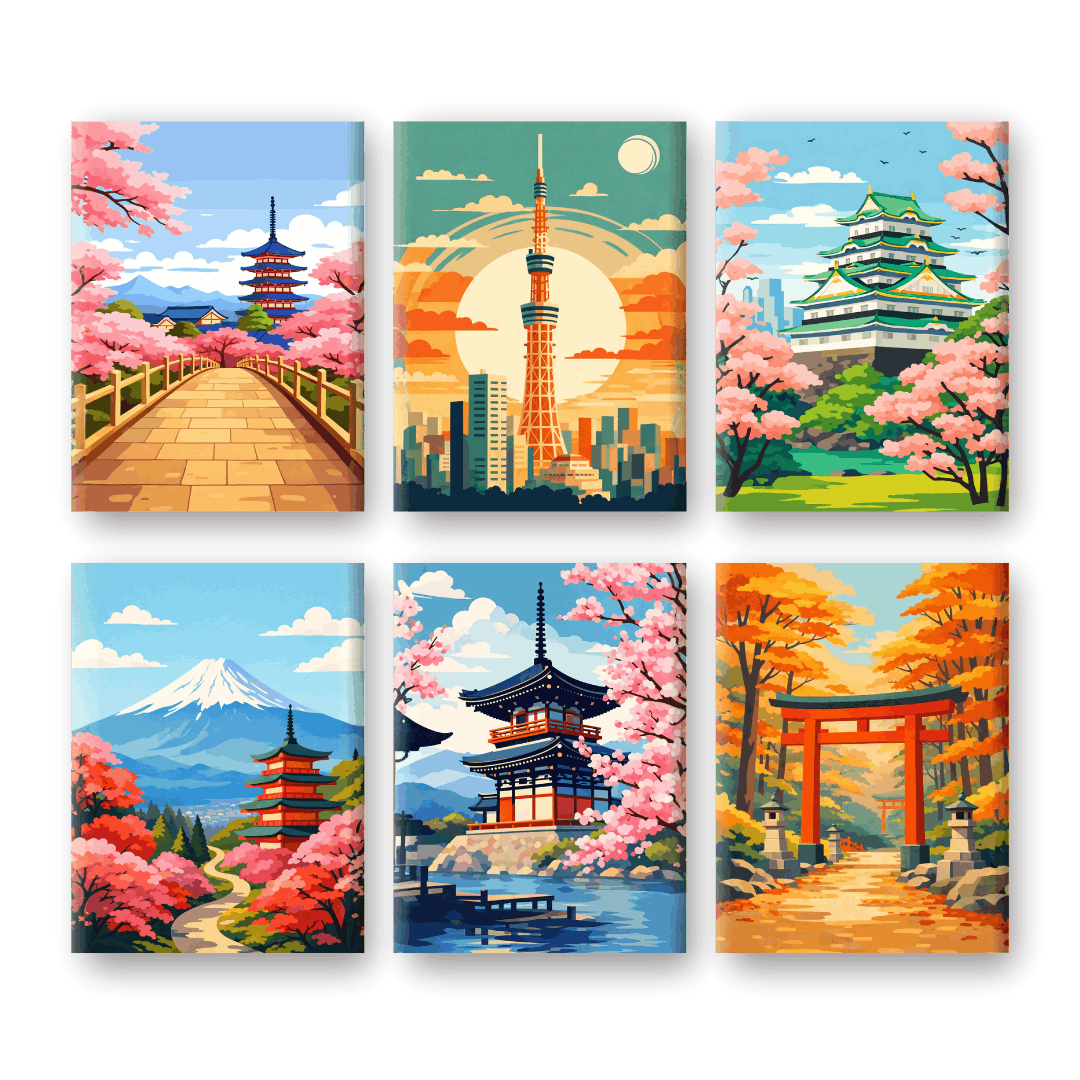 6 Mini Paintings - Japanese Landscapes Set