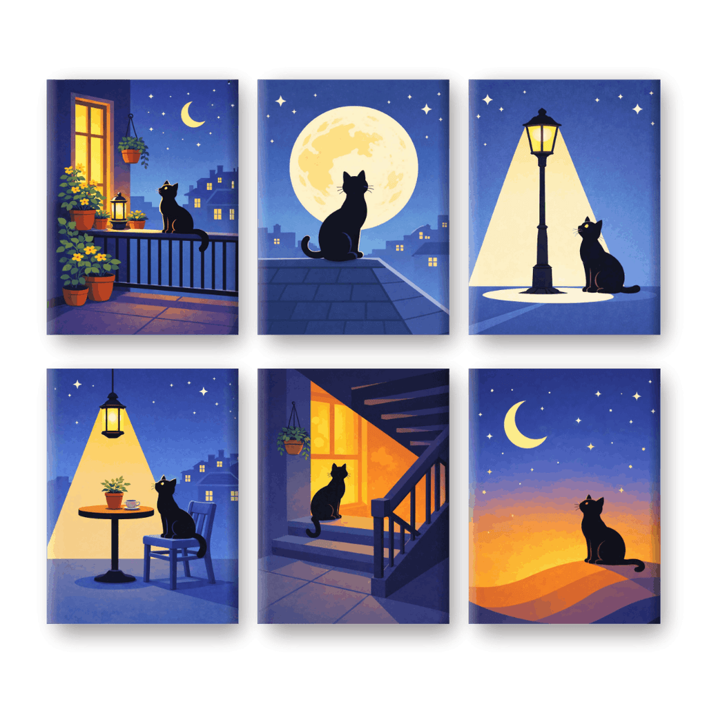 6 Mini Paintings - MIdnight Cat Set