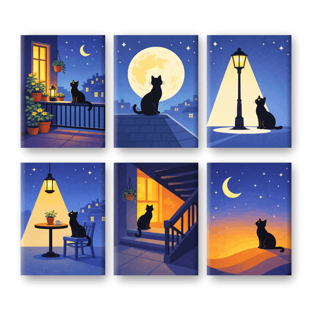 6 Mini Paintings - MIdnight Cat Set
