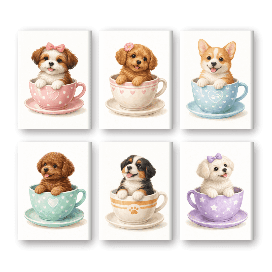 6 Mini Paintings - Puppies in Cups Set