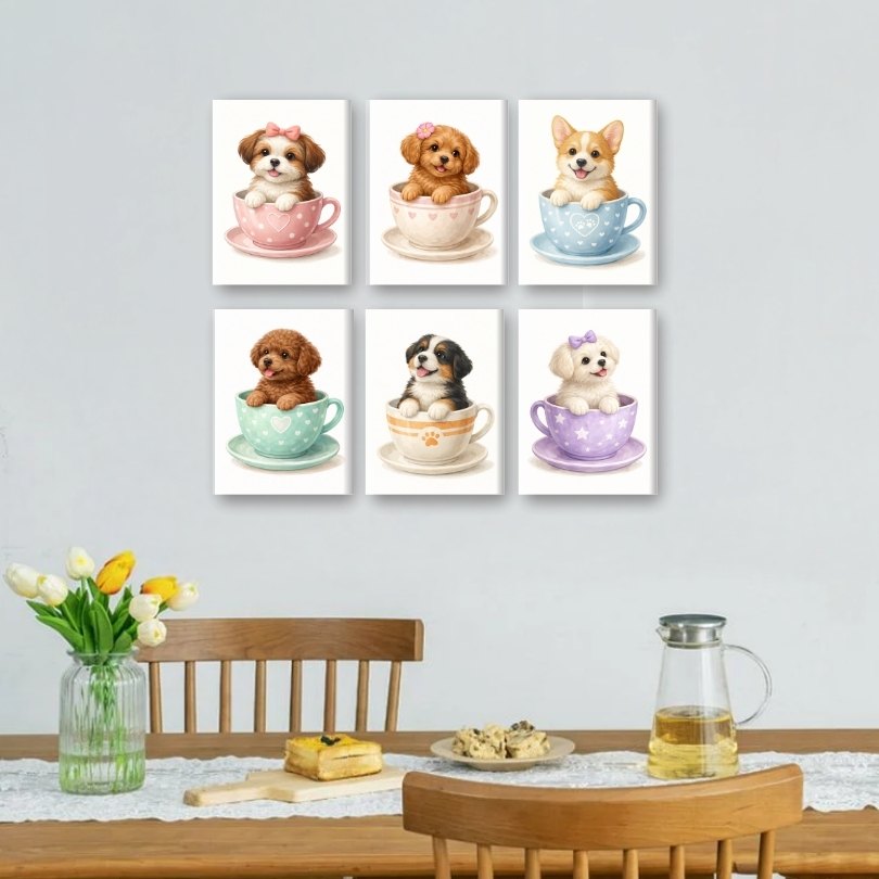 6 Mini Paintings - Puppies in Cups Set