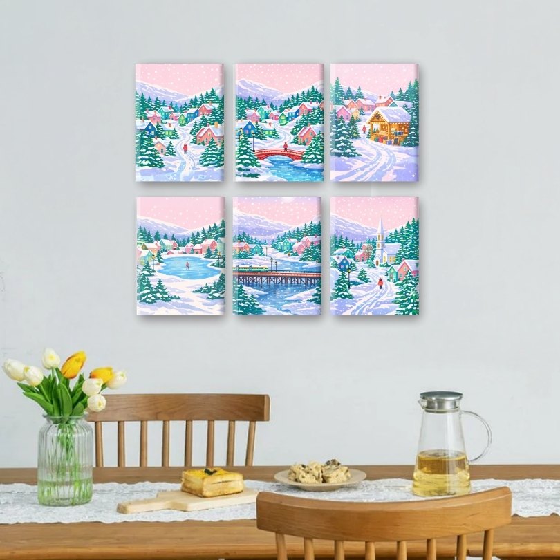 6 Mini Paintings - Snowy Village Set