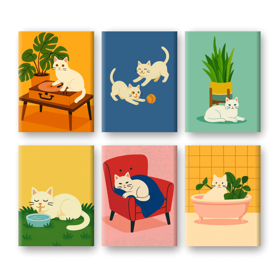 6 Mini Paintings - White Cat Set