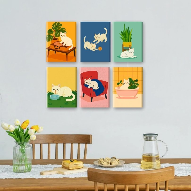 6 Mini Paintings - White Cat Set