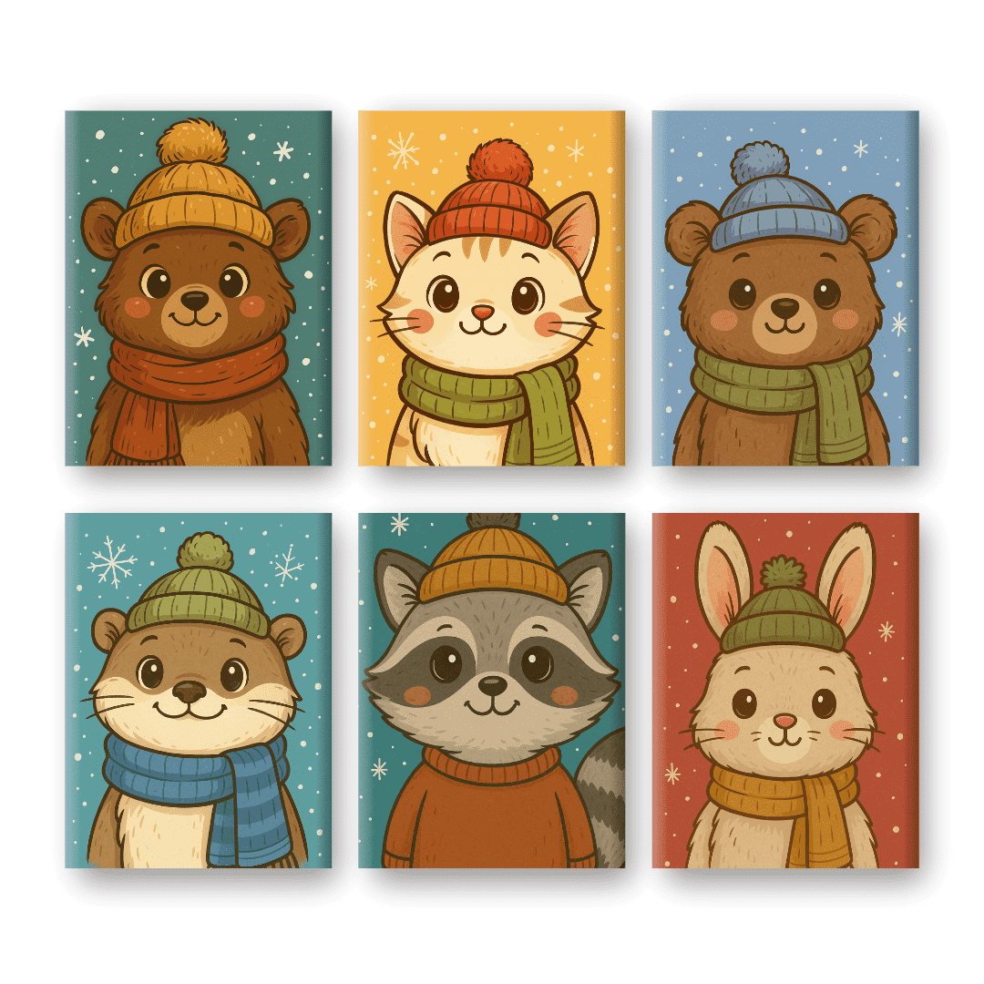 6 Mini Paintings - Winter Animals Set