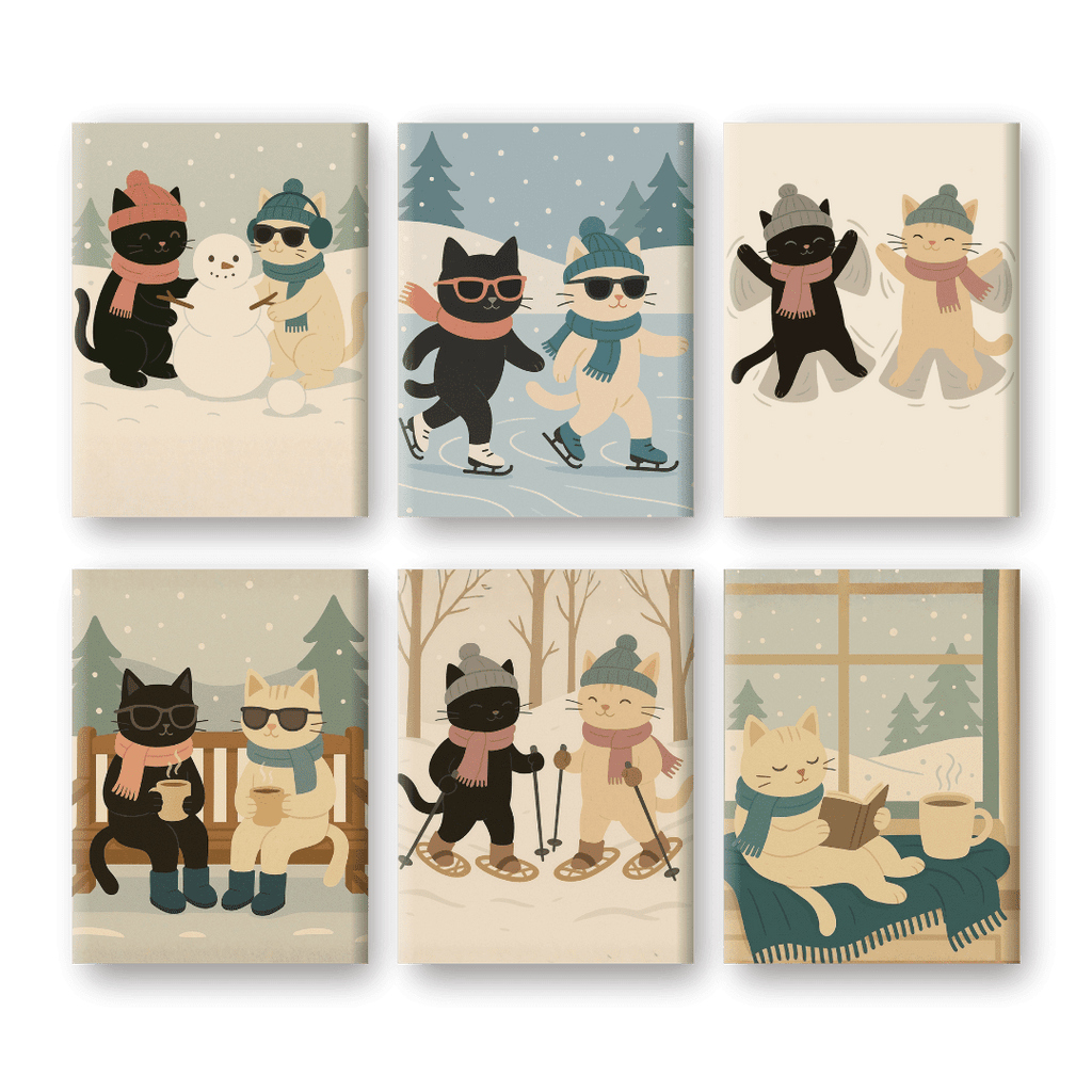 6 Mini Paintings - Winter Cats Set