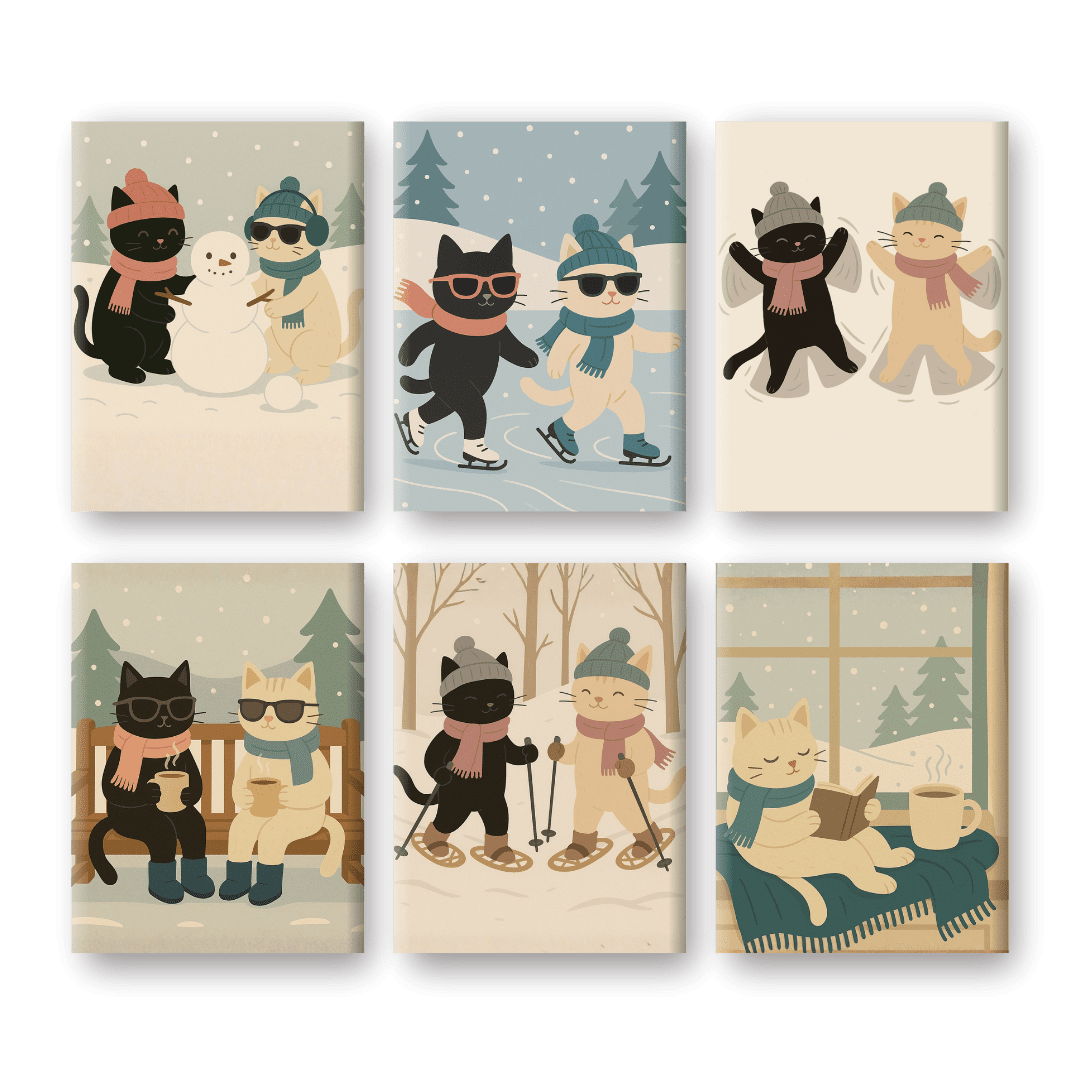 6 Mini Paintings - Winter Cats Set