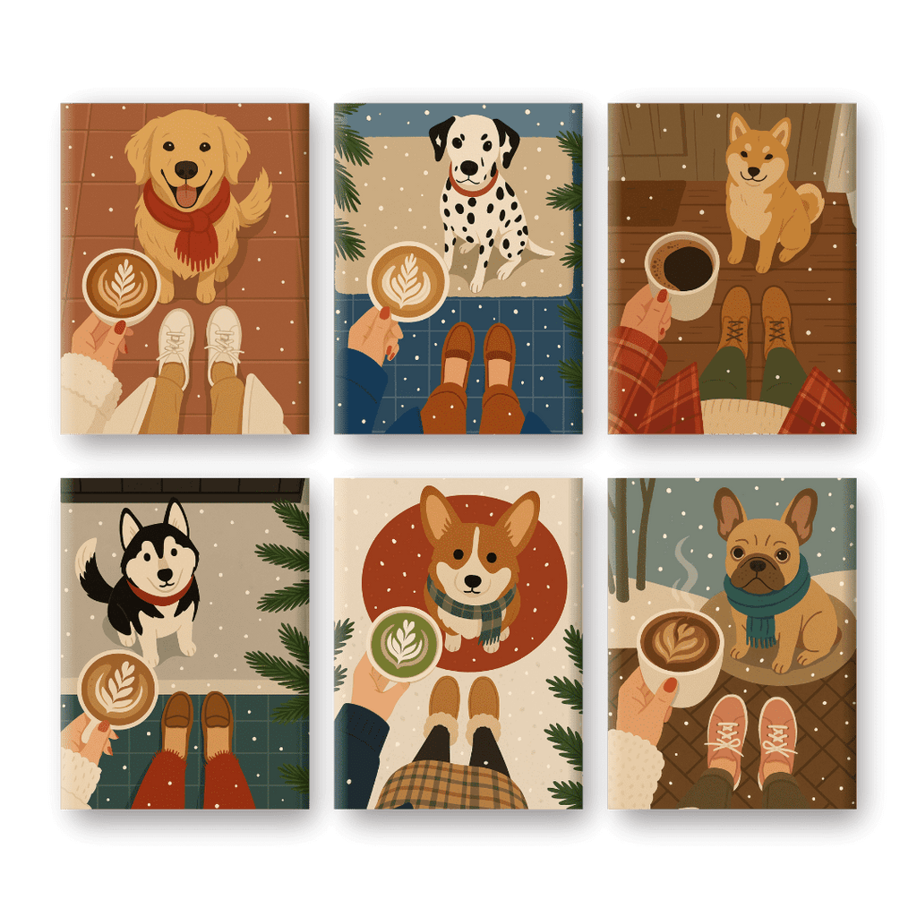 6 Mini Paintings - Winter Coffee & Dogs Set