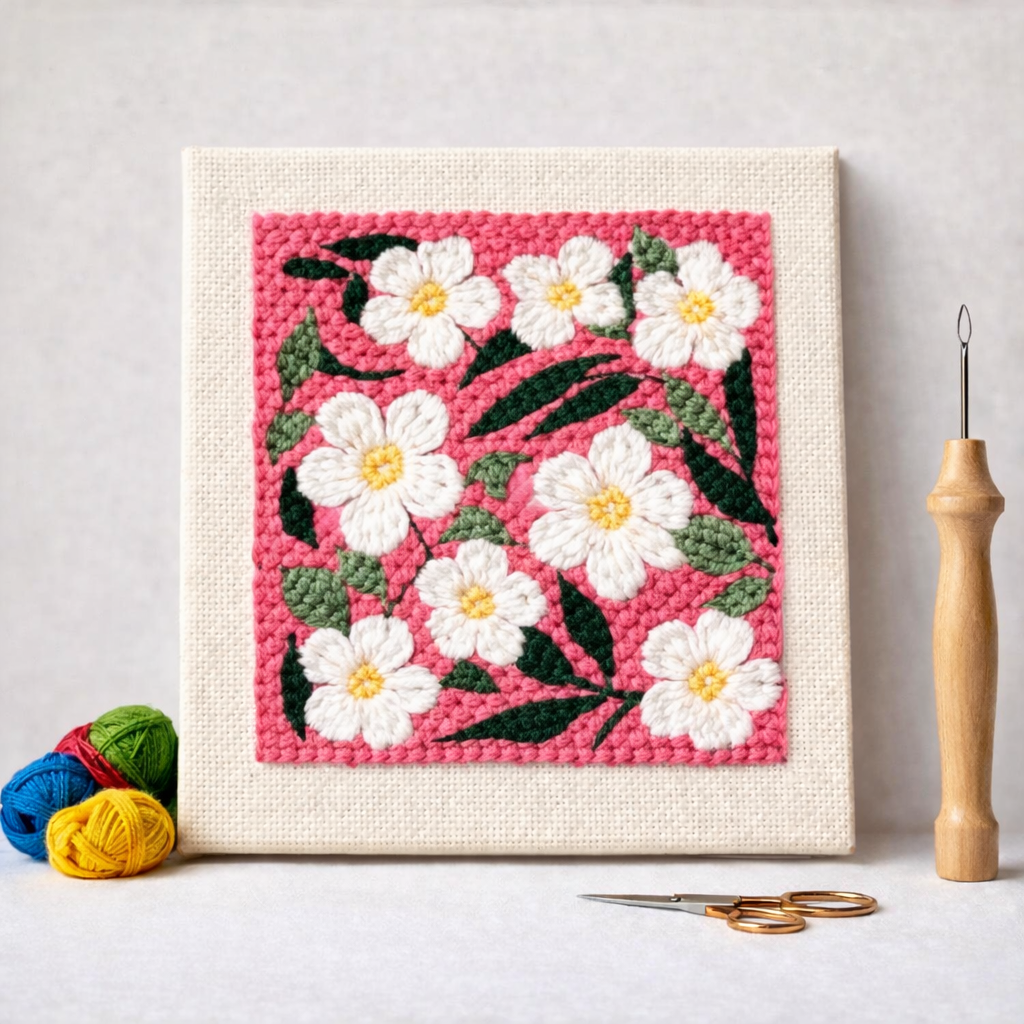 Punch Needle – White Flowers on Pink Background