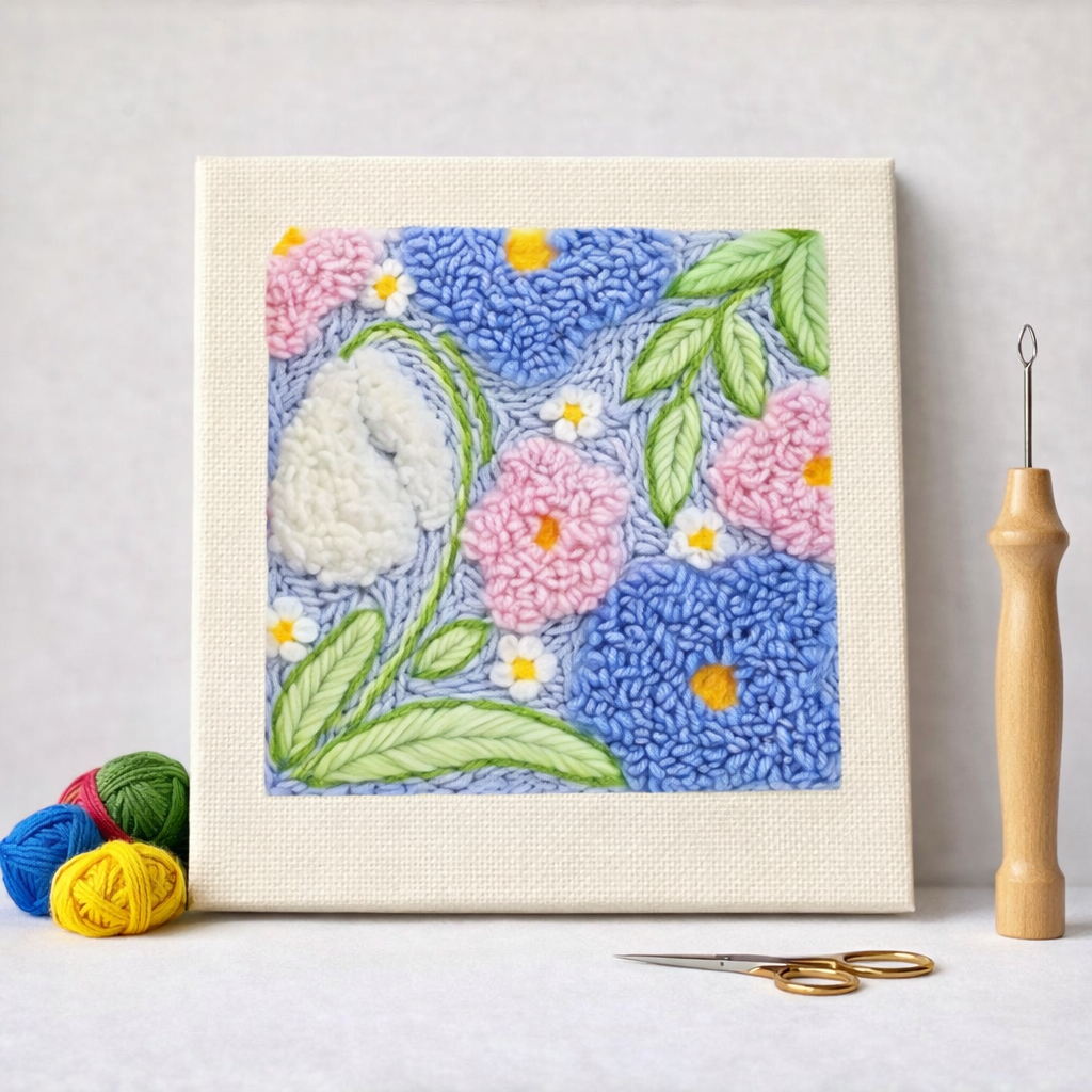 Punch Needle – Delicate Blossom in Blue and Pink