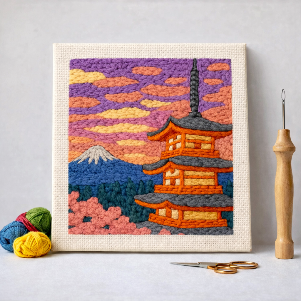 Punch Needle – Pagoda at Japanese Sunset