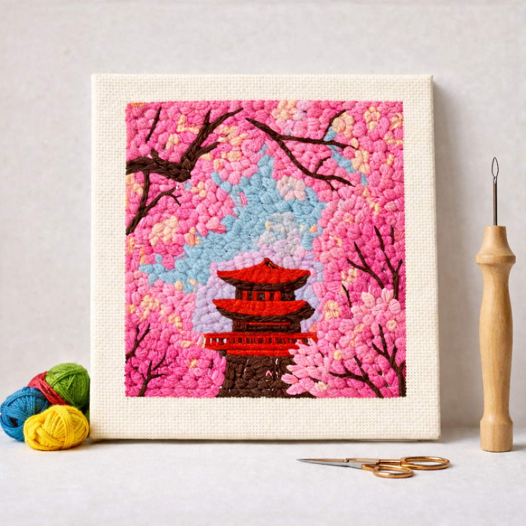 Punch Needle – Temple in Cherry Blossom