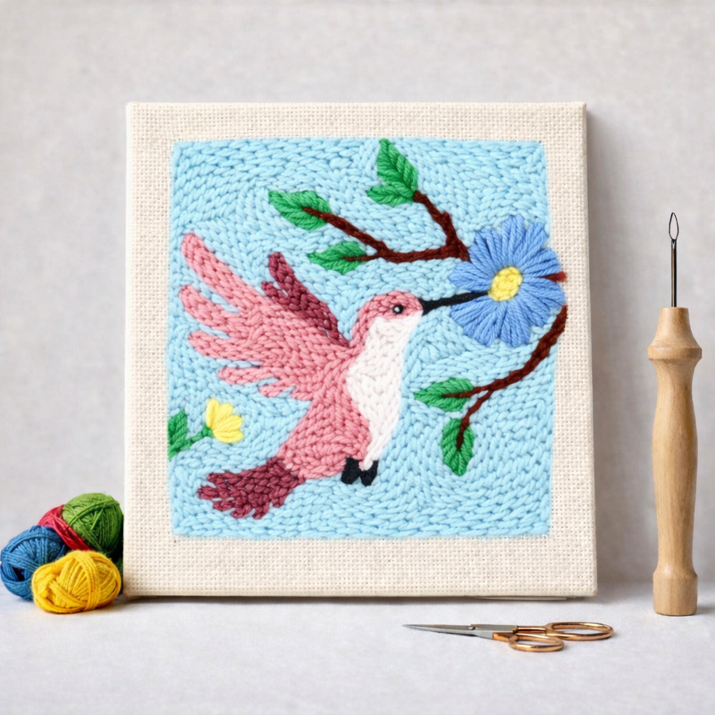 Punch Needle – Hummingbird and Blue Flower