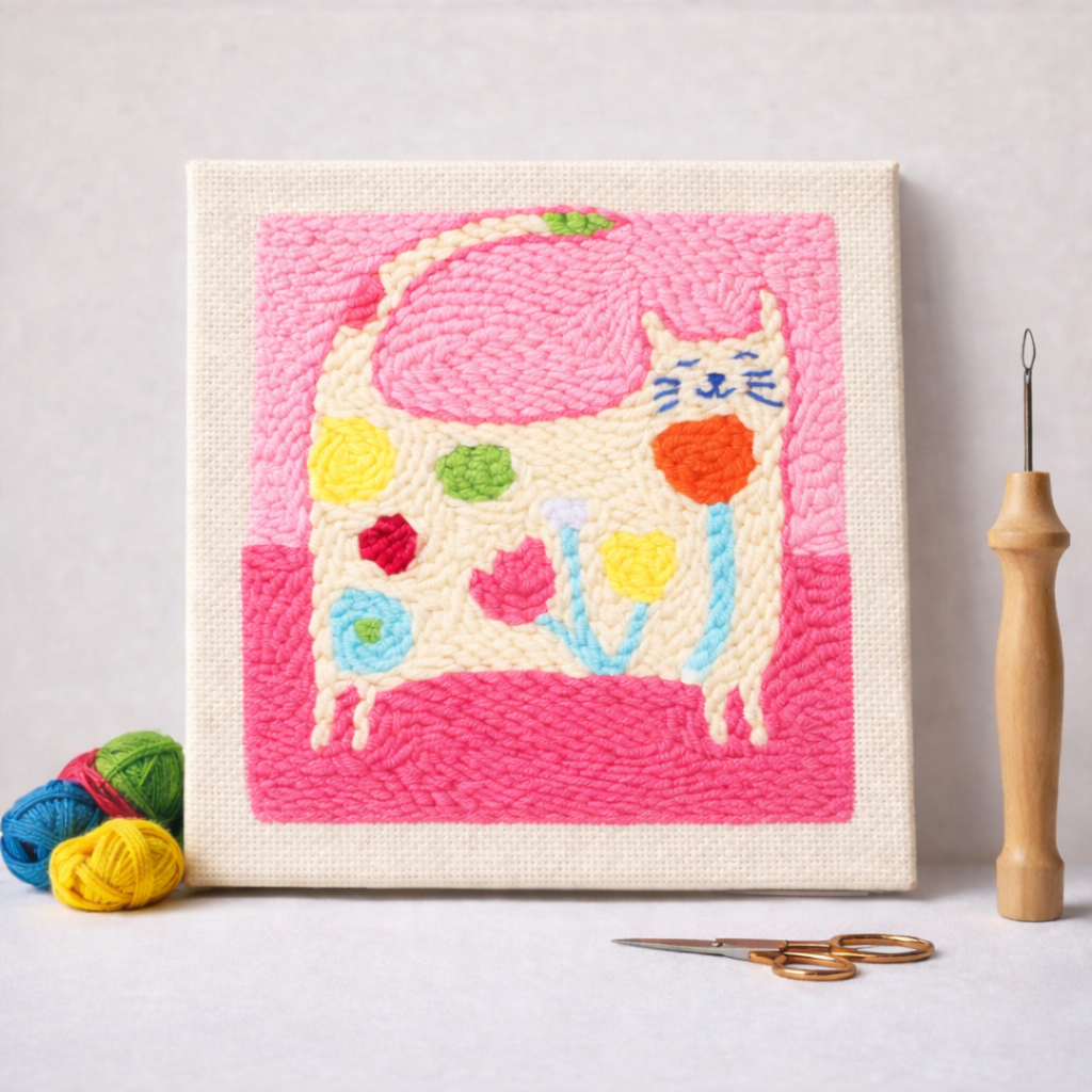 Punch Needle – Colorful Cat on Pink Background