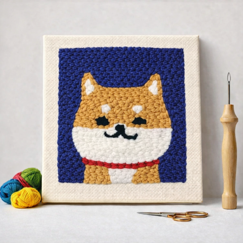 Punch Needle – Cute Puppy on Blue Background