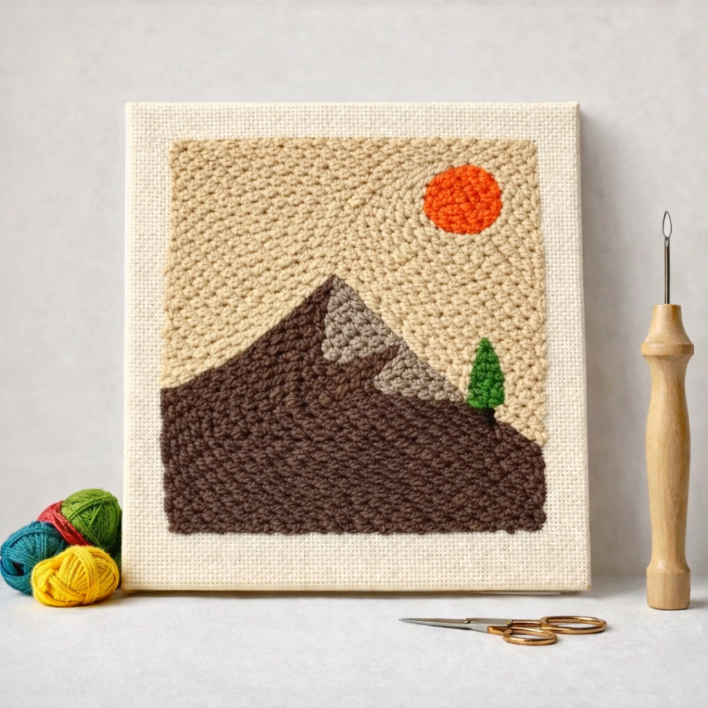 Punch Needle – Brown Mountain and Orange Sun