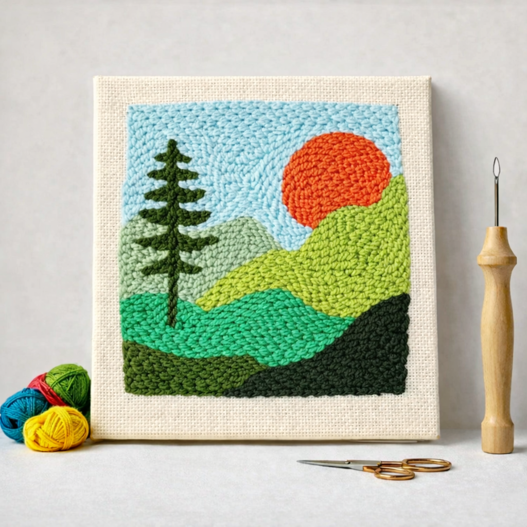 Punch Needle – Green Mountain Landscape and Setting Sun