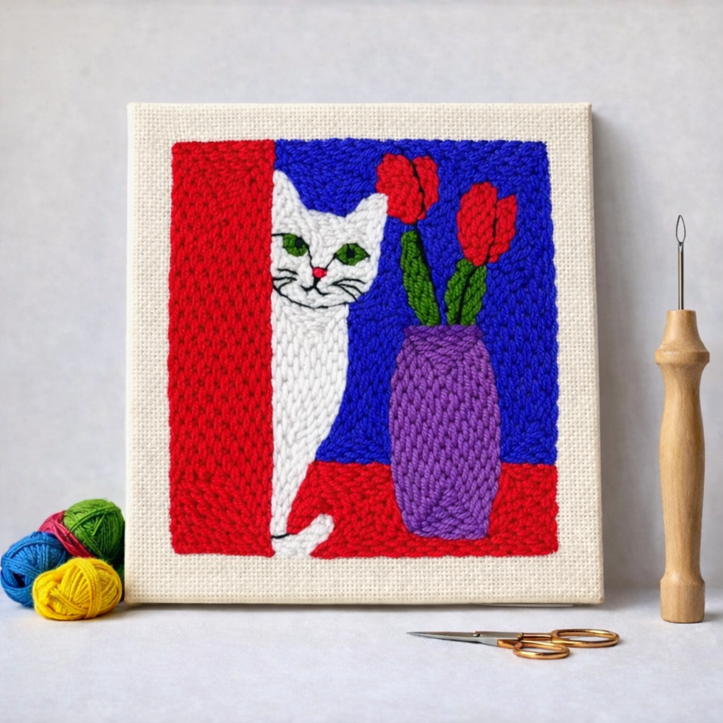 Punch Needle – Cat with Tulips