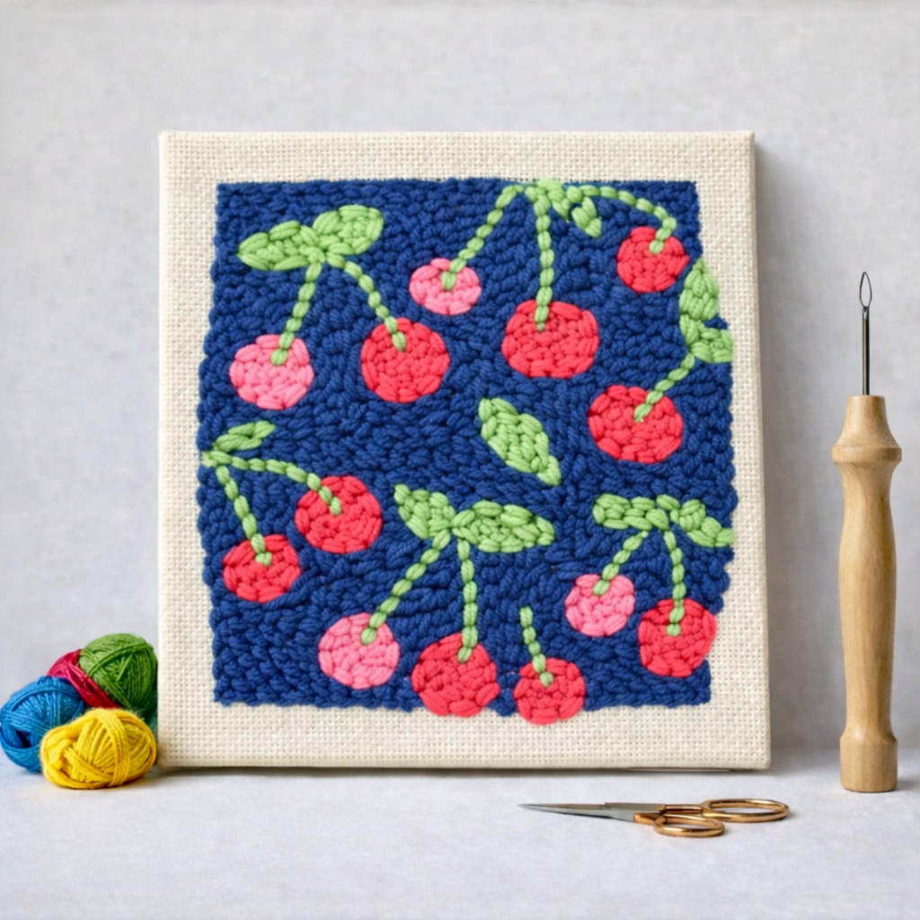 Punch Needle – Cherries on Blue Background
