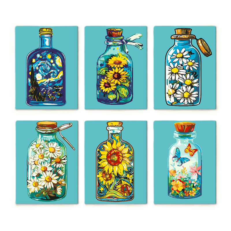 6 Mini Paintings - Colorful Bottles Set