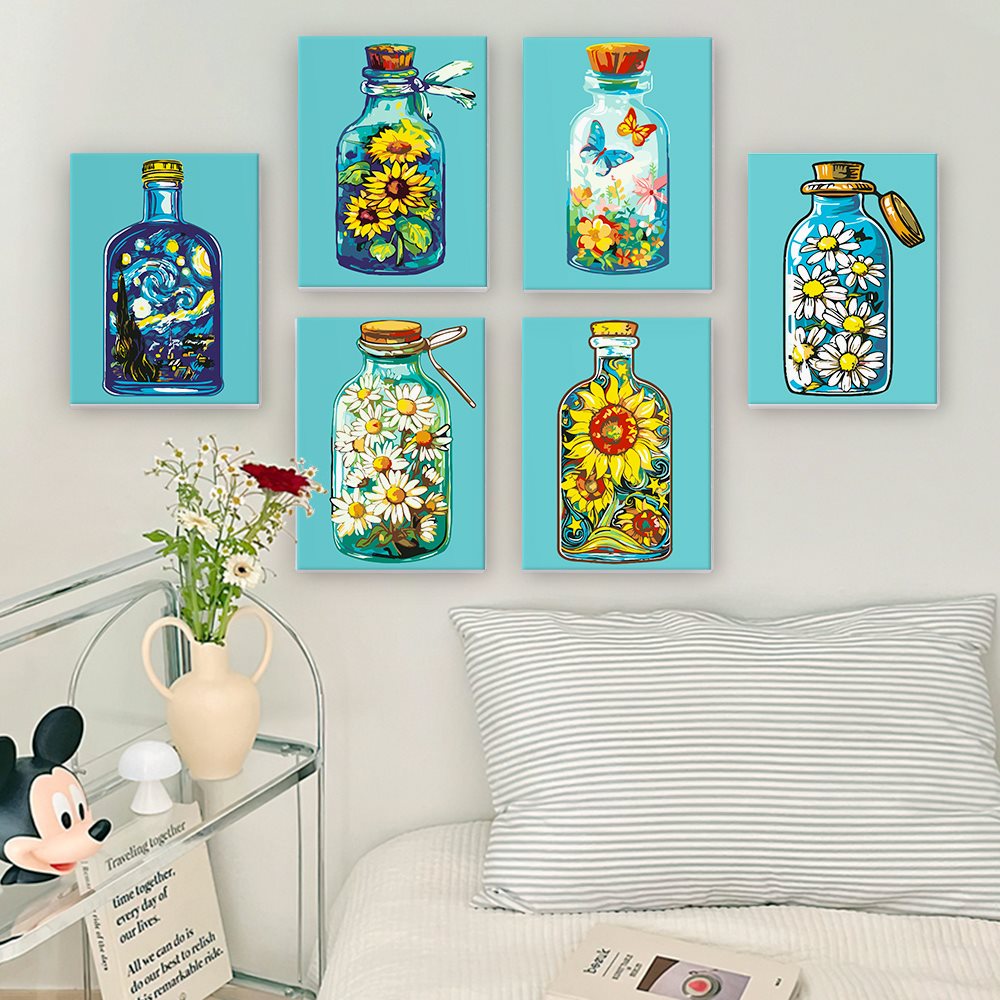 6 Mini Paintings - Colorful Bottles Set