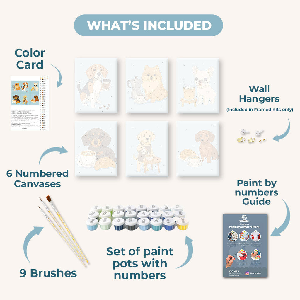 6 Mini Paintings - Dogs & Coffee Set