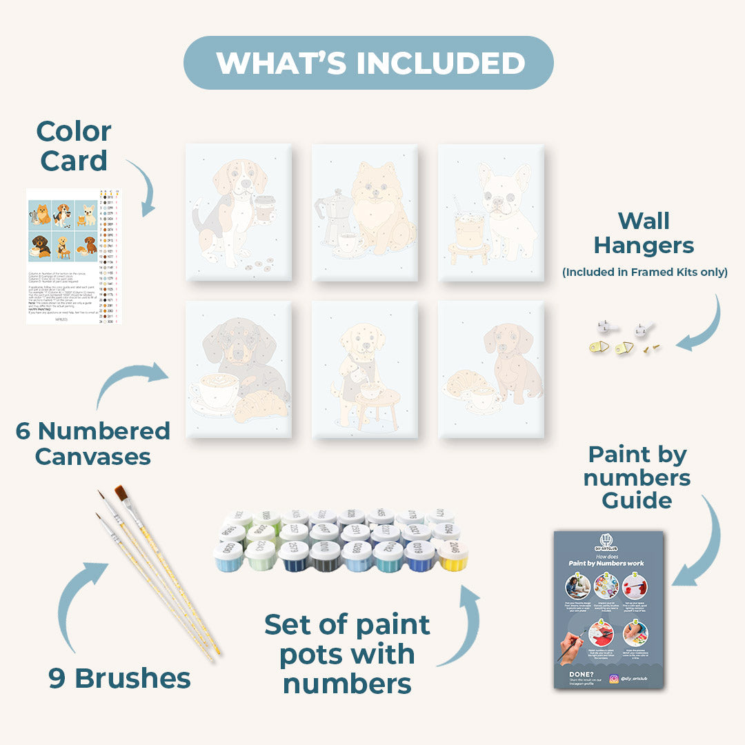 6 Mini Paintings - Dogs & Coffee Set